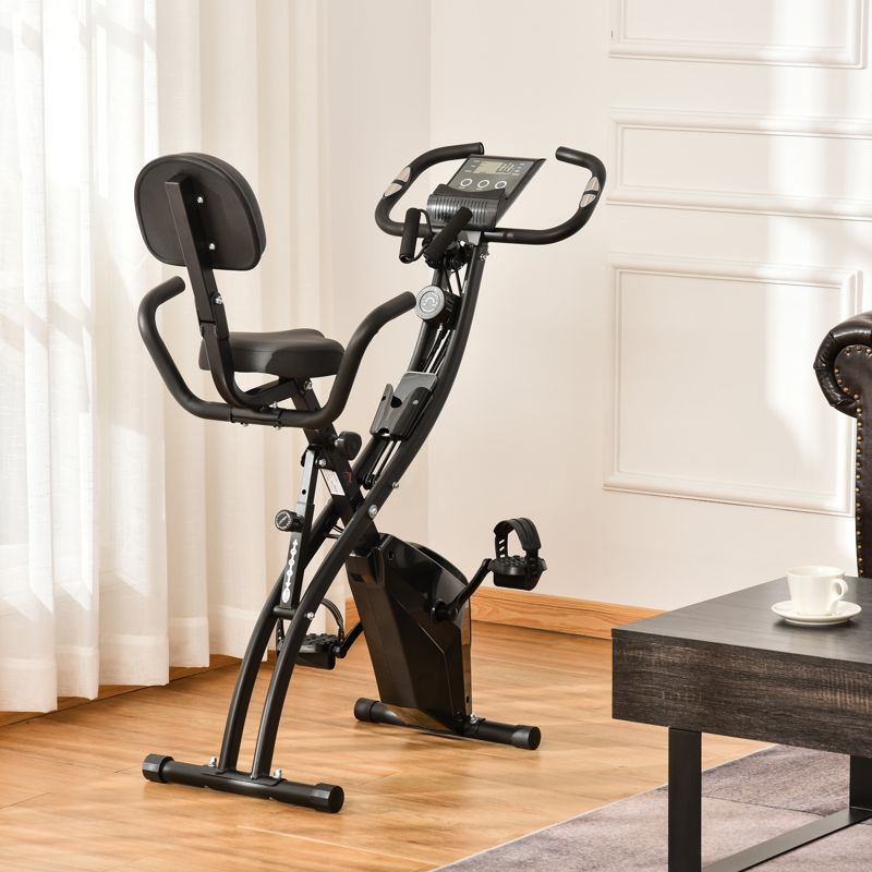 HOMCOM 2-in-1 Folding Exercise Bike with 8-Level Magnetic Resistance, Arm Resistance Band, Pulse Sensor, Black