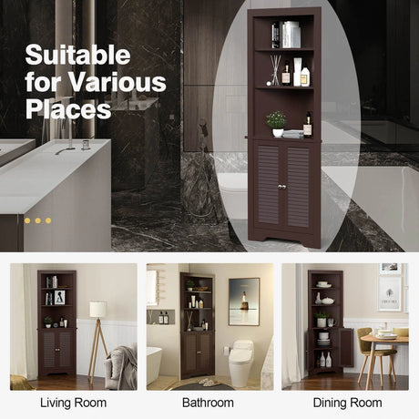 Free Standing Tall Bathroom Corner Storage Cabinet with 3 Shelves-Brown