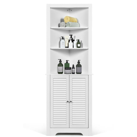Free Standing Tall Bathroom Corner Storage Cabinet with 3 Shelves-White