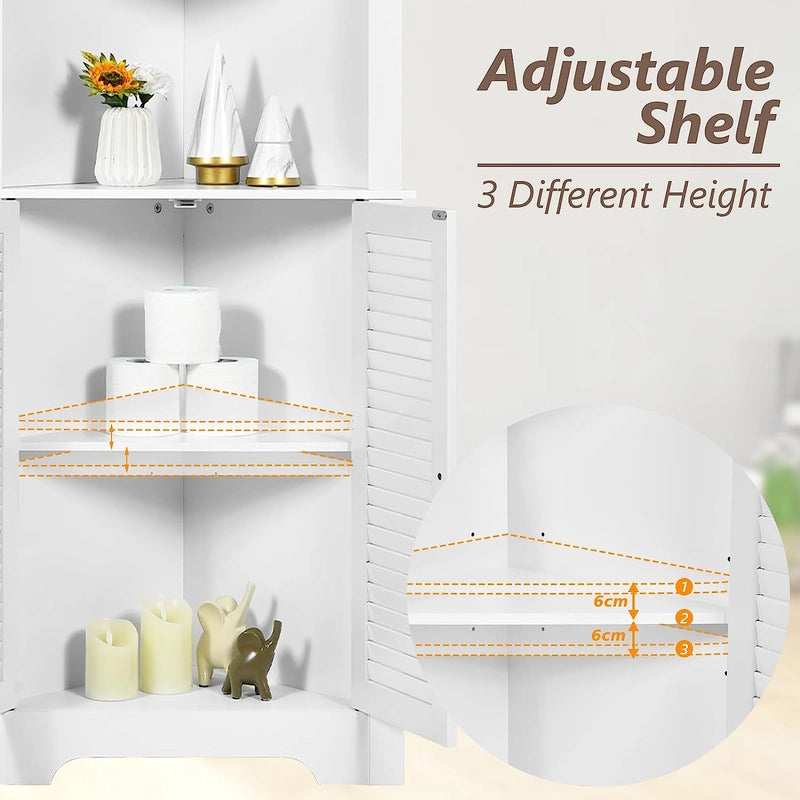 Free Standing Tall Bathroom Corner Storage Cabinet with 3 Shelves-White