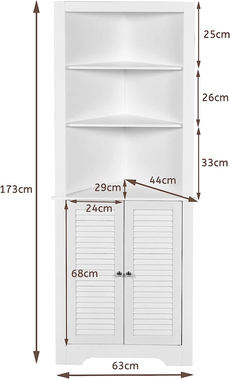 Free Standing Tall Bathroom Corner Storage Cabinet with 3 Shelves-White