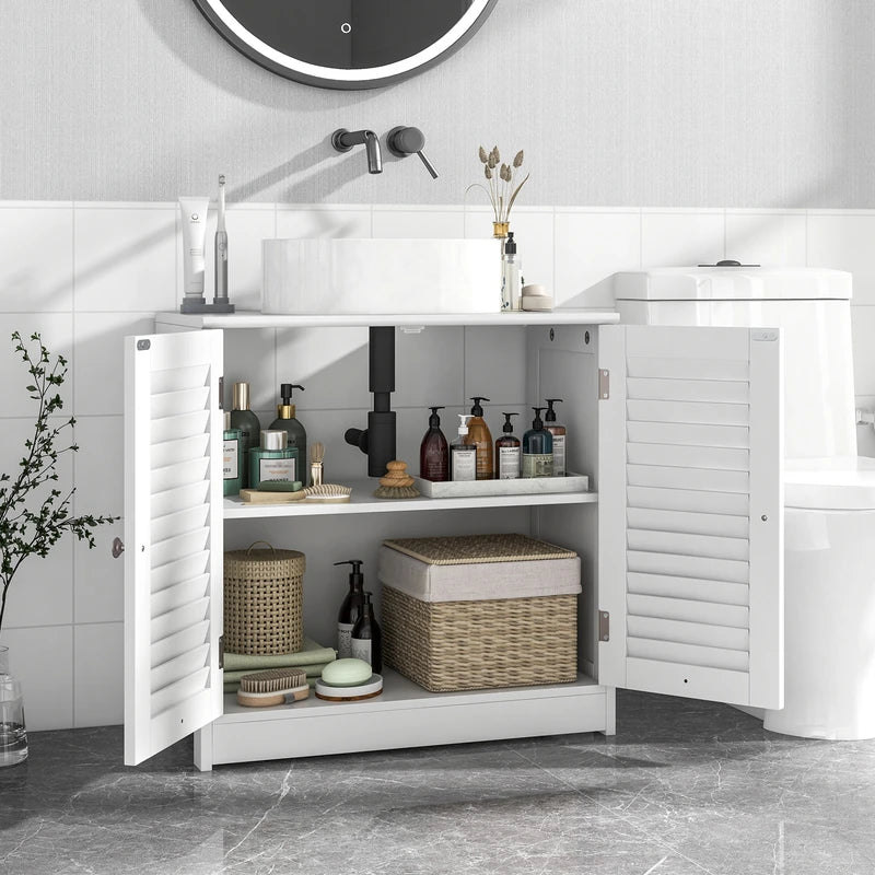 Freestanding Bathroom Vanity Cabinet with 2 Shutter Doors and U-Shape Cut-Out-White