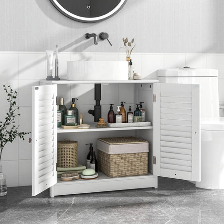 Freestanding Bathroom Vanity Cabinet with 2 Shutter Doors and U-Shape Cut-Out-White