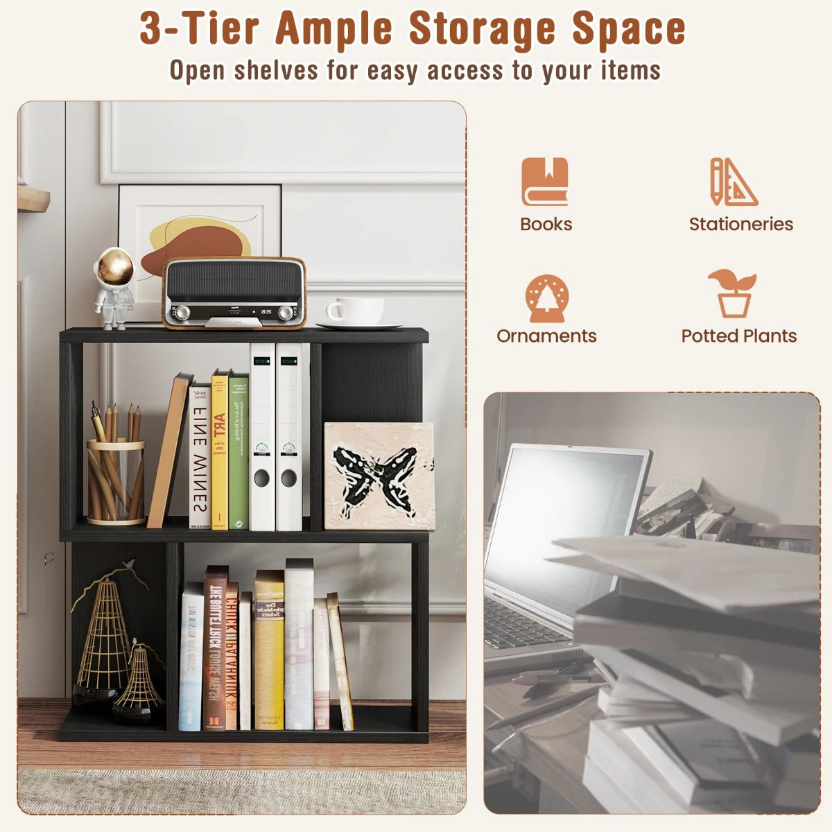 3-Tier Freestanding Bookshelf for Home Office-Black