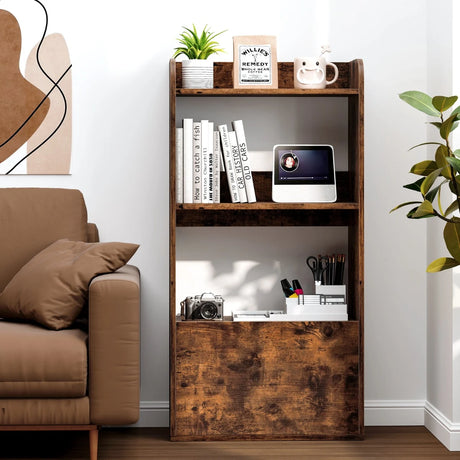 Bookcase with drawer, standing shelf with 2 compartments, office shelf made of wood, 55 x 29 x 105 cm, rustic brown