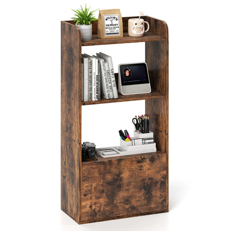 Bookcase with drawer, standing shelf with 2 compartments, office shelf made of wood, 55 x 29 x 105 cm, rustic brown