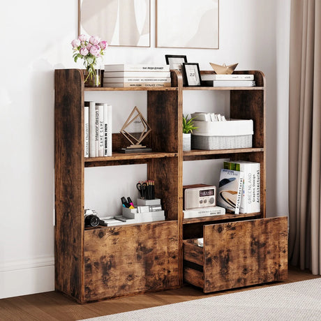 Bookcase with drawer, standing shelf with 2 compartments, office shelf made of wood, 55 x 29 x 105 cm, rustic brown
