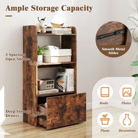 Bookcase with drawer, standing shelf with 2 compartments, office shelf made of wood, 55 x 29 x 105 cm, rustic brown