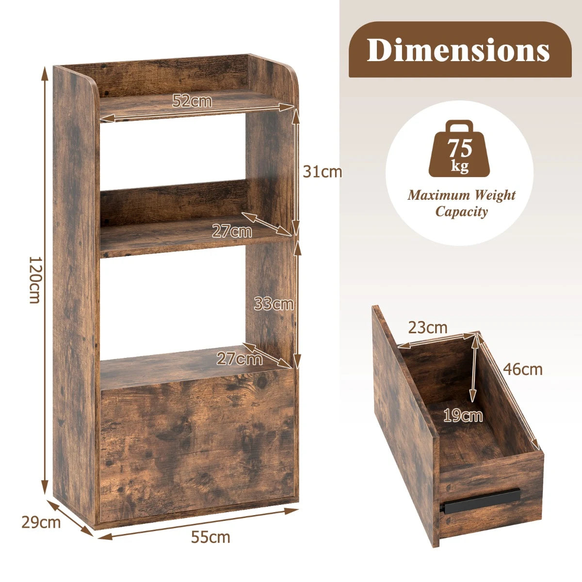Bookcase with drawer, standing shelf with 2 compartments, office shelf made of wood, 55 x 29 x 105 cm, rustic brown