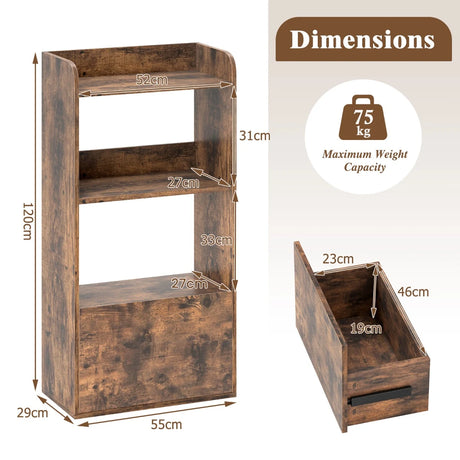 Bookcase with drawer, standing shelf with 2 compartments, office shelf made of wood, 55 x 29 x 105 cm, rustic brown