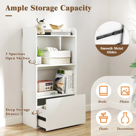 Bookcase with drawer, standing shelf with 2 compartments, wooden office shelf 55 x 29 x 105 cm, white