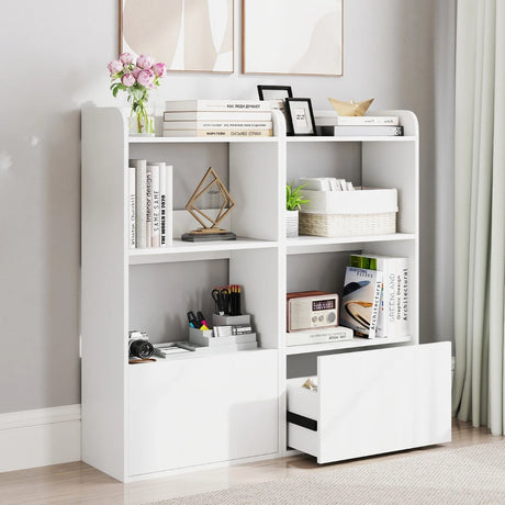 Bookcase with drawer, standing shelf with 2 compartments, wooden office shelf 55 x 29 x 105 cm, white