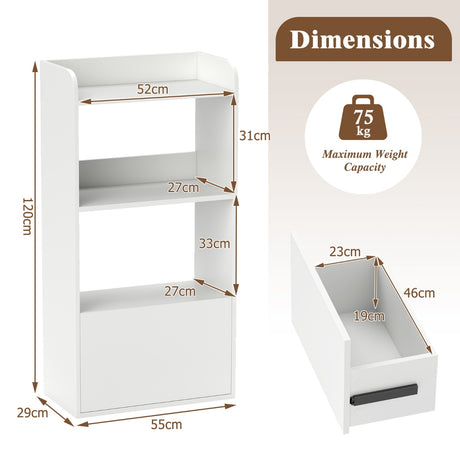 Bookcase with drawer, standing shelf with 2 compartments, wooden office shelf 55 x 29 x 105 cm, white