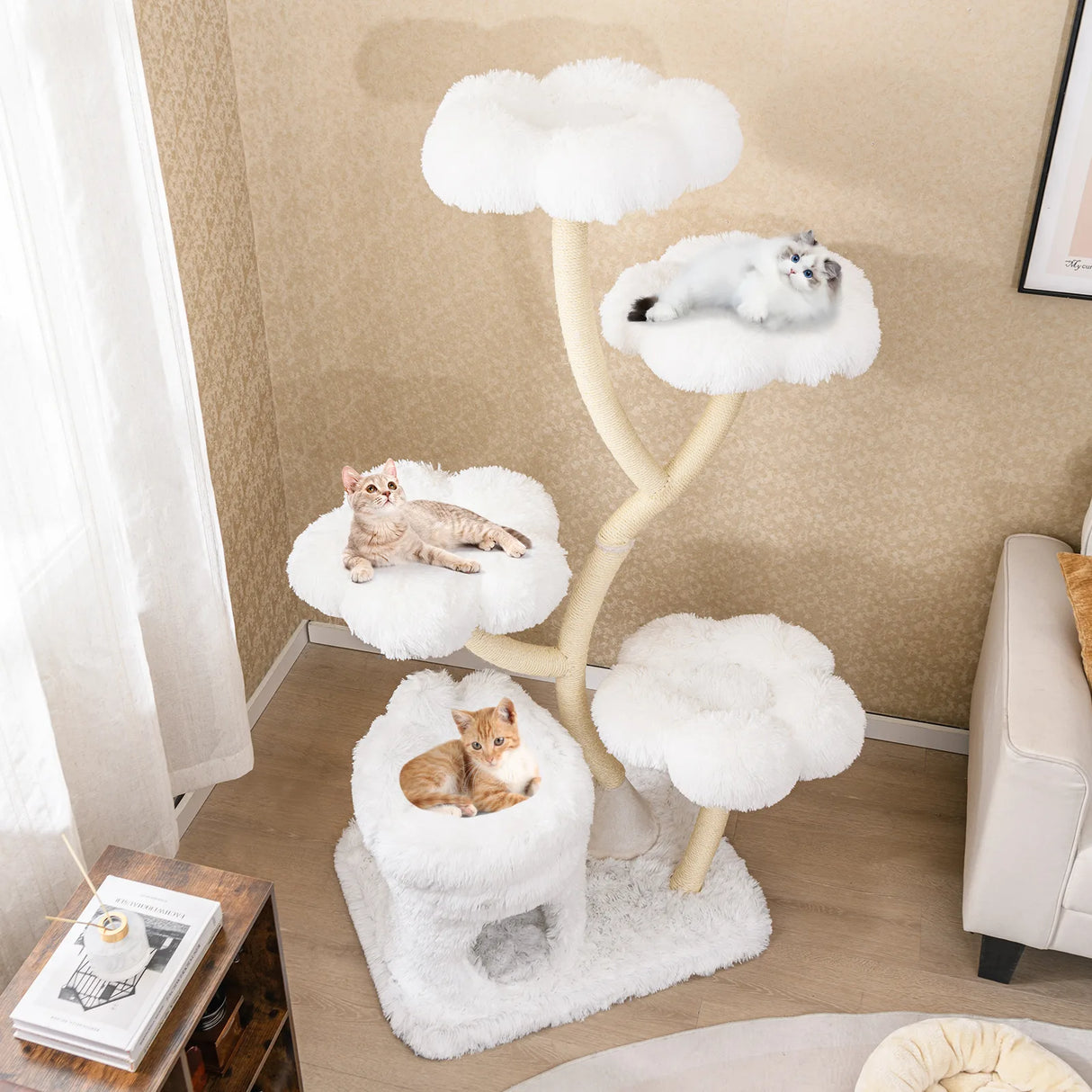 165cm Wooden Scratching Post with 4 Warm Lying Areas &amp; Cat Cave &amp; Sisal Posts Cat Tree White