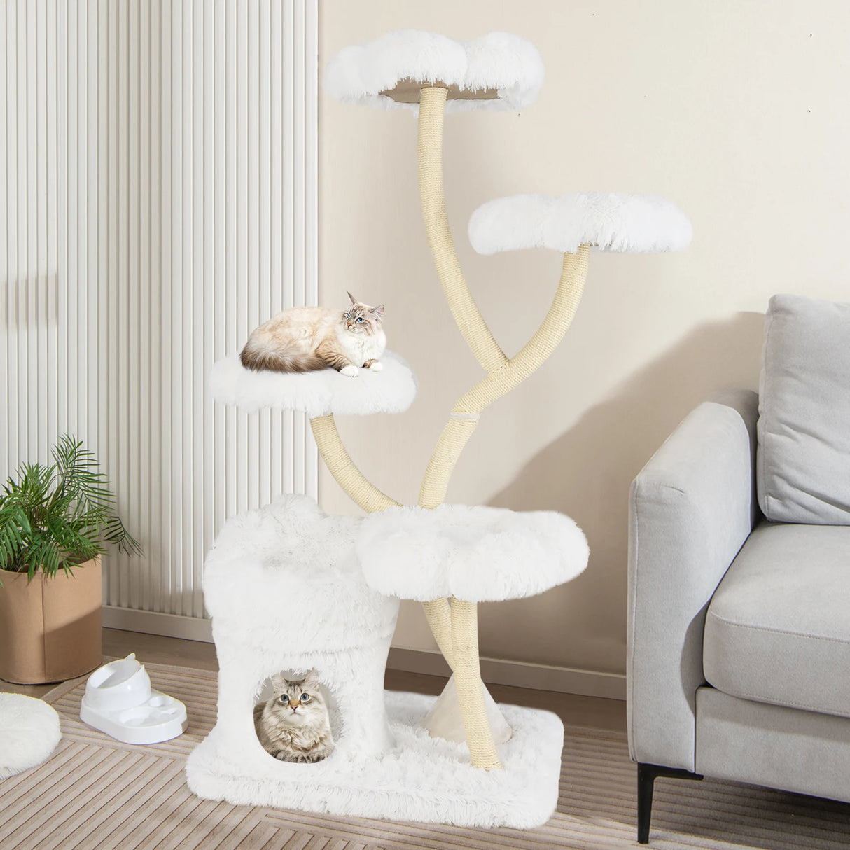 165cm Wooden Scratching Post with 4 Warm Lying Areas &amp; Cat Cave &amp; Sisal Posts Cat Tree White