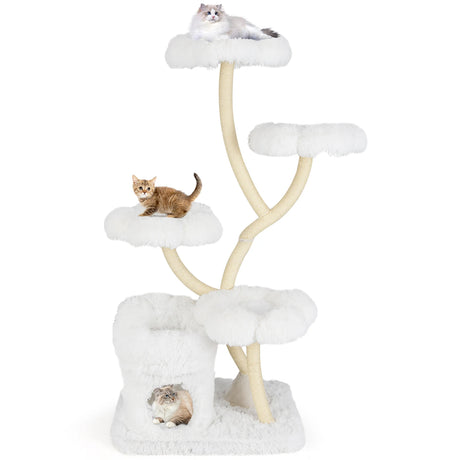 165cm Wooden Scratching Post with 4 Warm Lying Areas &amp; Cat Cave &amp; Sisal Posts Cat Tree White