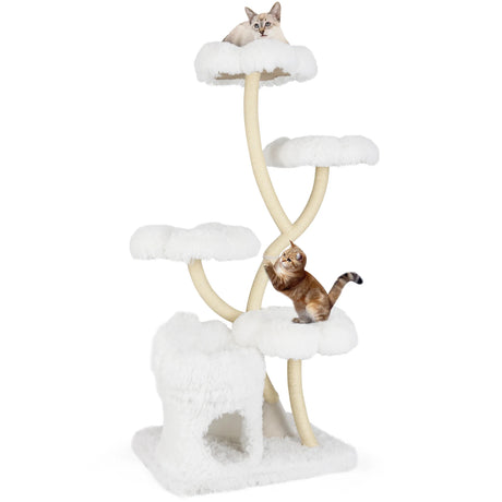 165cm Wooden Scratching Post with 4 Warm Lying Areas &amp; Cat Cave &amp; Sisal Posts Cat Tree White