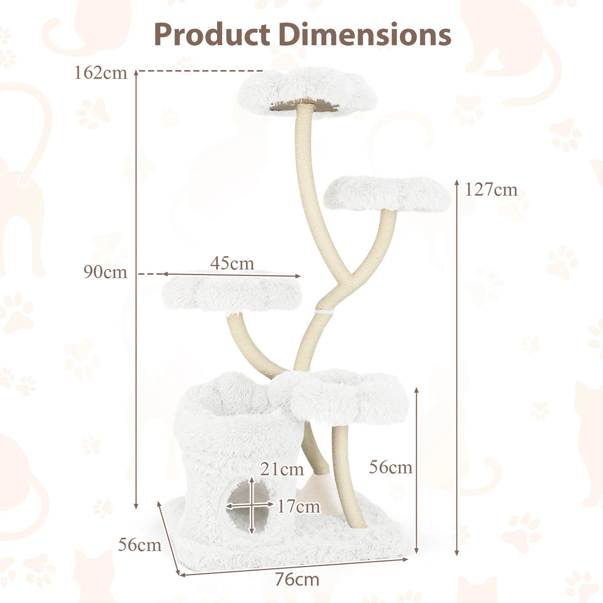 165cm Wooden Scratching Post with 4 Warm Lying Areas &amp; Cat Cave &amp; Sisal Posts Cat Tree White