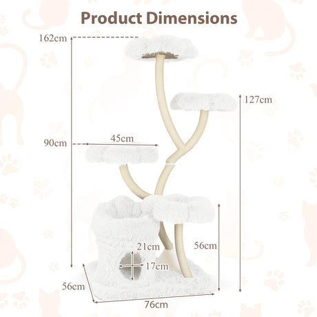165cm Wooden Scratching Post with 4 Warm Lying Areas &amp; Cat Cave &amp; Sisal Posts Cat Tree White