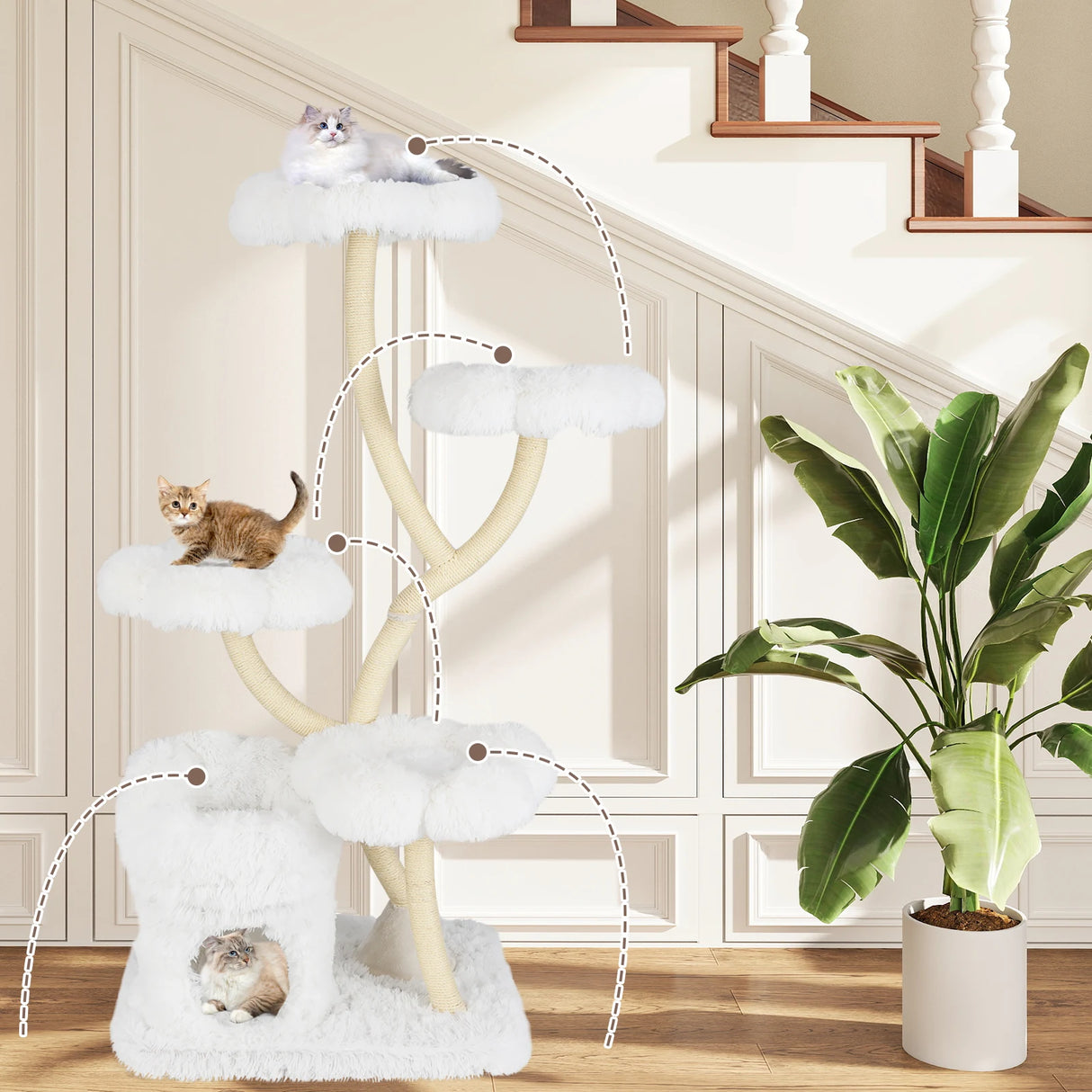165cm Wooden Scratching Post with 4 Warm Lying Areas &amp; Cat Cave &amp; Sisal Posts Cat Tree White