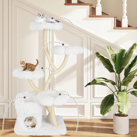 165cm Wooden Scratching Post with 4 Warm Lying Areas &amp; Cat Cave &amp; Sisal Posts Cat Tree White
