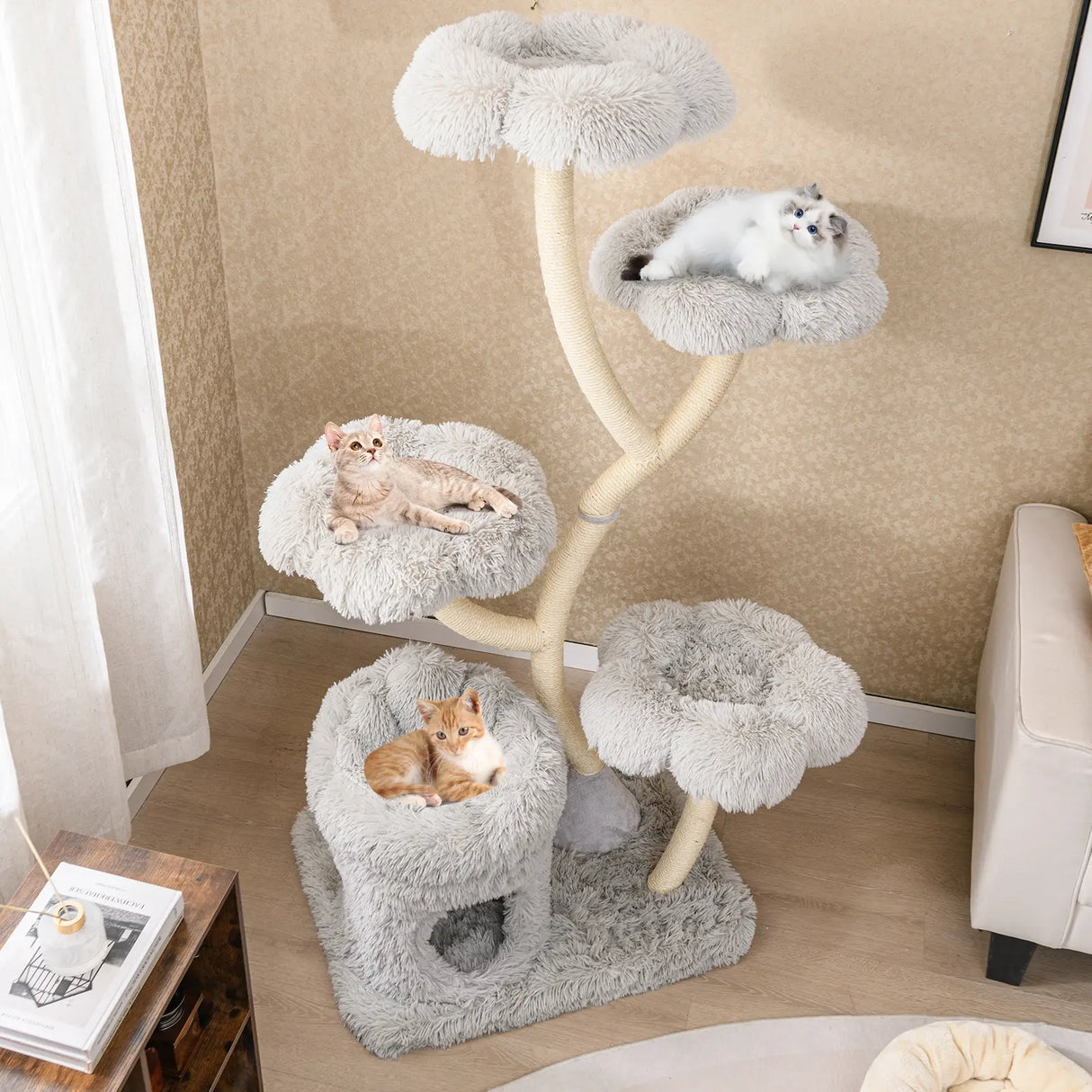165cm Wooden Scratching Post with 4 Warm Lying Areas &amp; Cat Cave &amp; Sisal Posts Cat Tree Grey