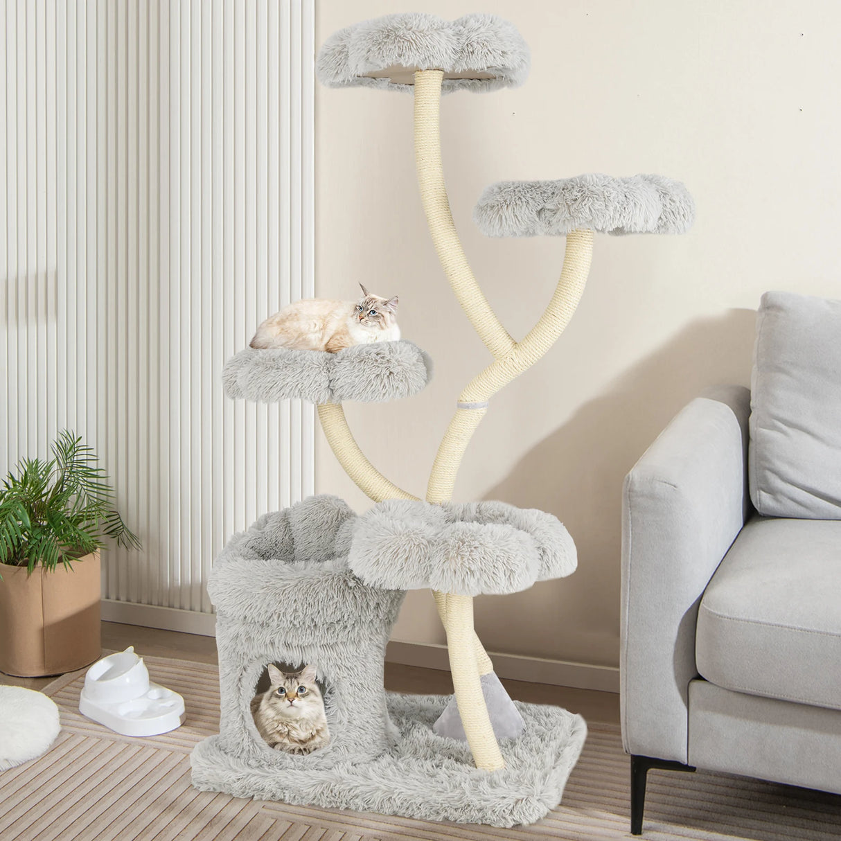 165cm Wooden Scratching Post with 4 Warm Lying Areas &amp; Cat Cave &amp; Sisal Posts Cat Tree Grey