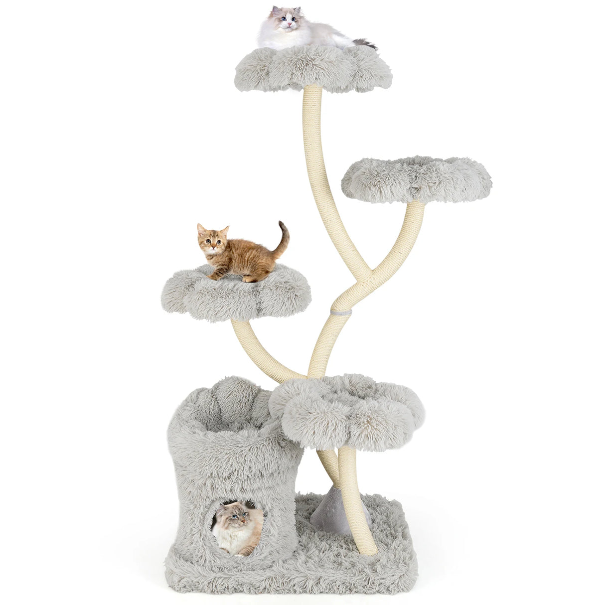 165cm Wooden Scratching Post with 4 Warm Lying Areas &amp; Cat Cave &amp; Sisal Posts Cat Tree Grey