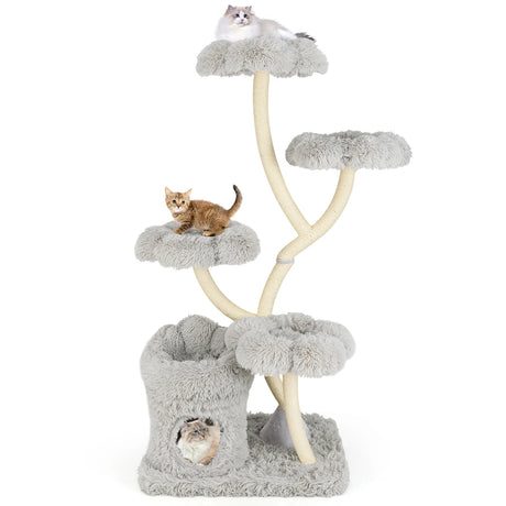 165cm Wooden Scratching Post with 4 Warm Lying Areas &amp; Cat Cave &amp; Sisal Posts Cat Tree Grey