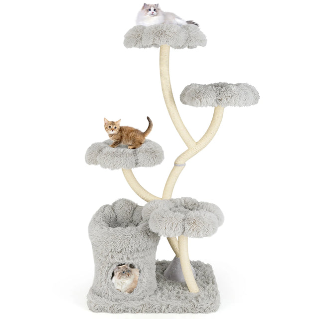 165cm Wooden Scratching Post with 4 Warm Lying Areas &amp; Cat Cave &amp; Sisal Posts Cat Tree Grey