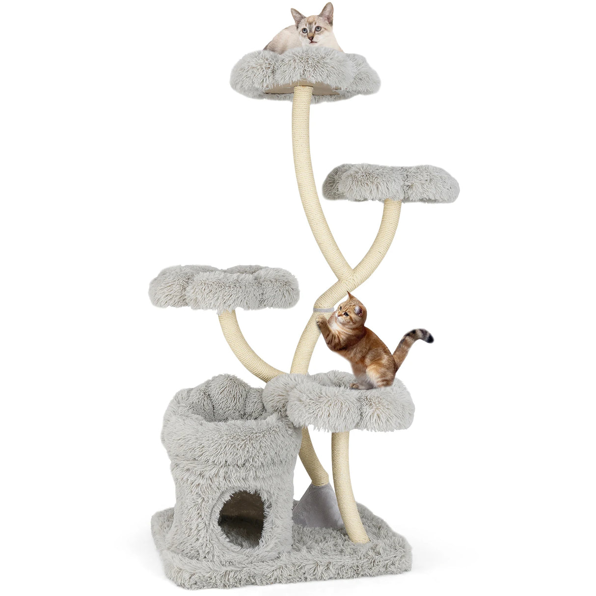 165cm Wooden Scratching Post with 4 Warm Lying Areas &amp; Cat Cave &amp; Sisal Posts Cat Tree Grey