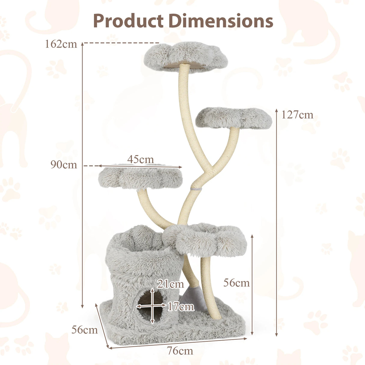 165cm Wooden Scratching Post with 4 Warm Lying Areas &amp; Cat Cave &amp; Sisal Posts Cat Tree Grey