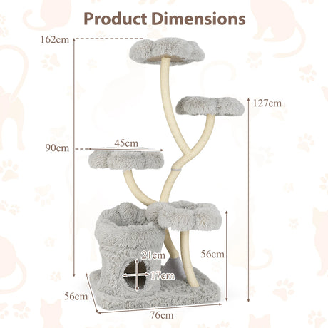 165cm Wooden Scratching Post with 4 Warm Lying Areas &amp; Cat Cave &amp; Sisal Posts Cat Tree Grey