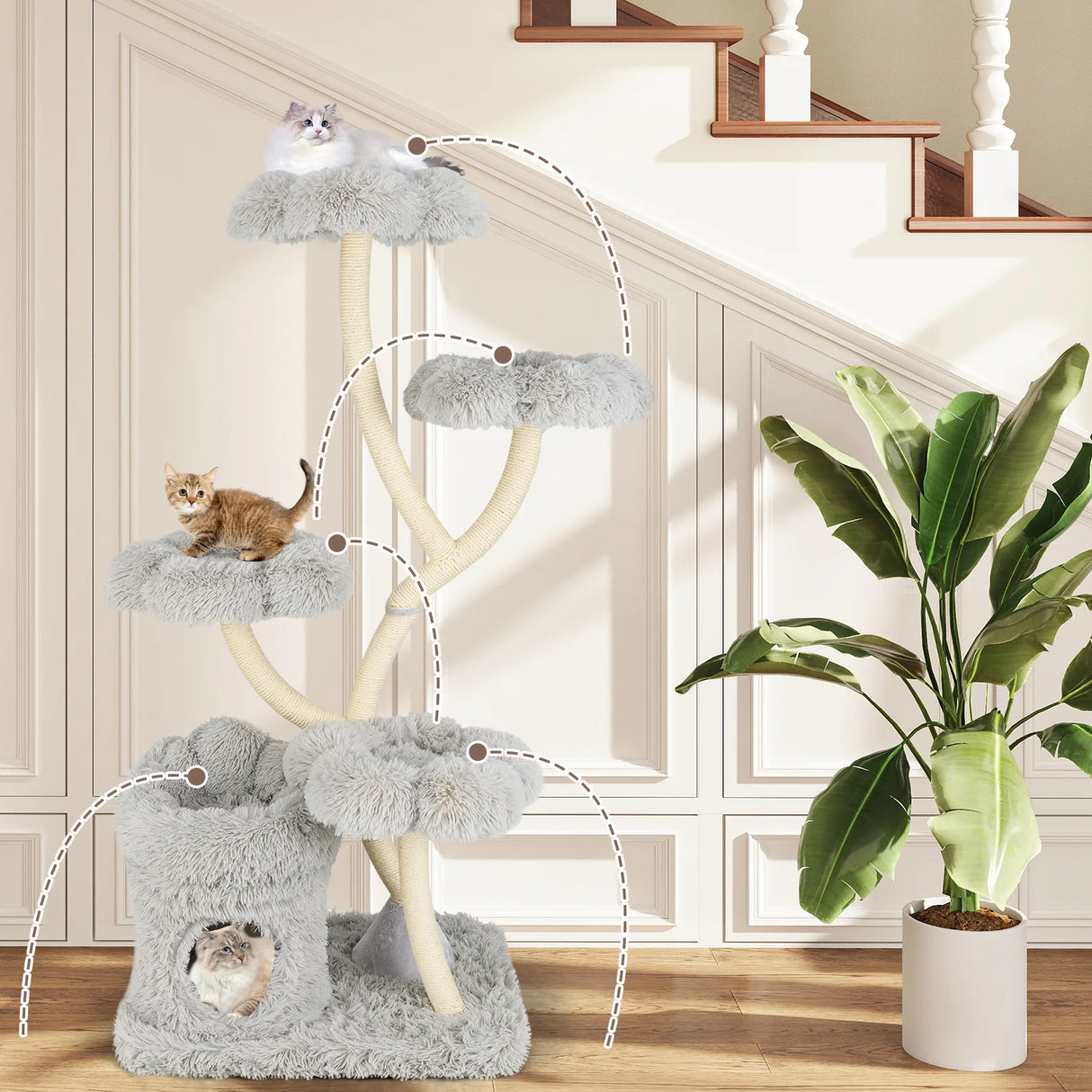 165cm Wooden Scratching Post with 4 Warm Lying Areas &amp; Cat Cave &amp; Sisal Posts Cat Tree Grey