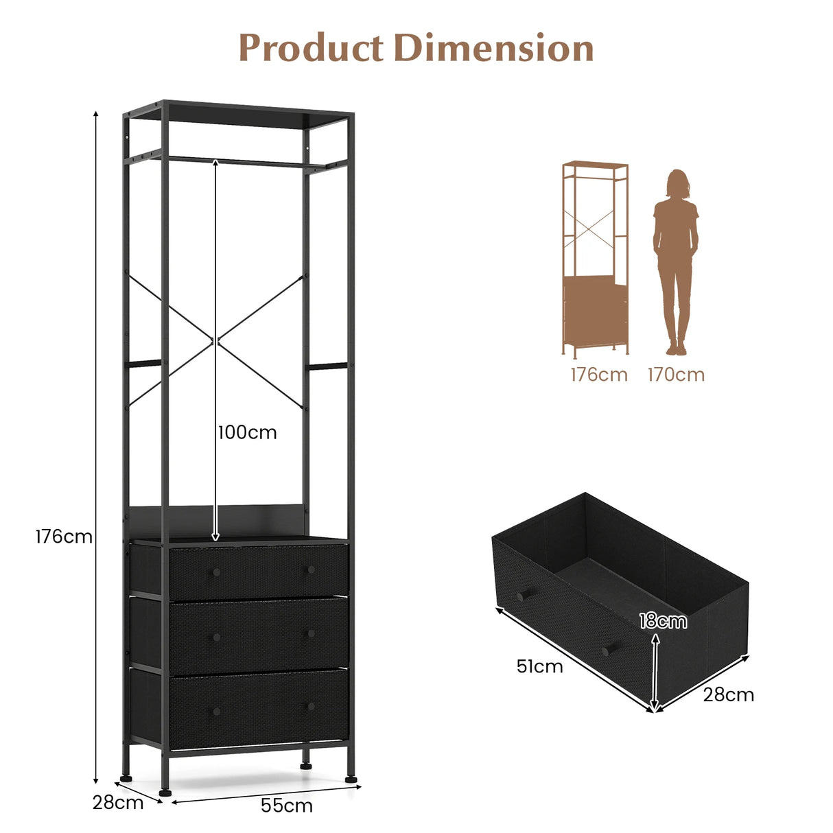 Freestanding Closet Organizer Clothes Rack with Drawers-Black