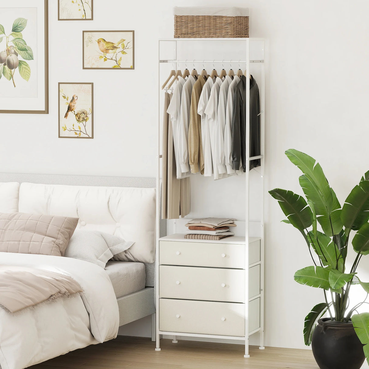 Freestanding Closet Organizer Clothes Rack with Drawers-White