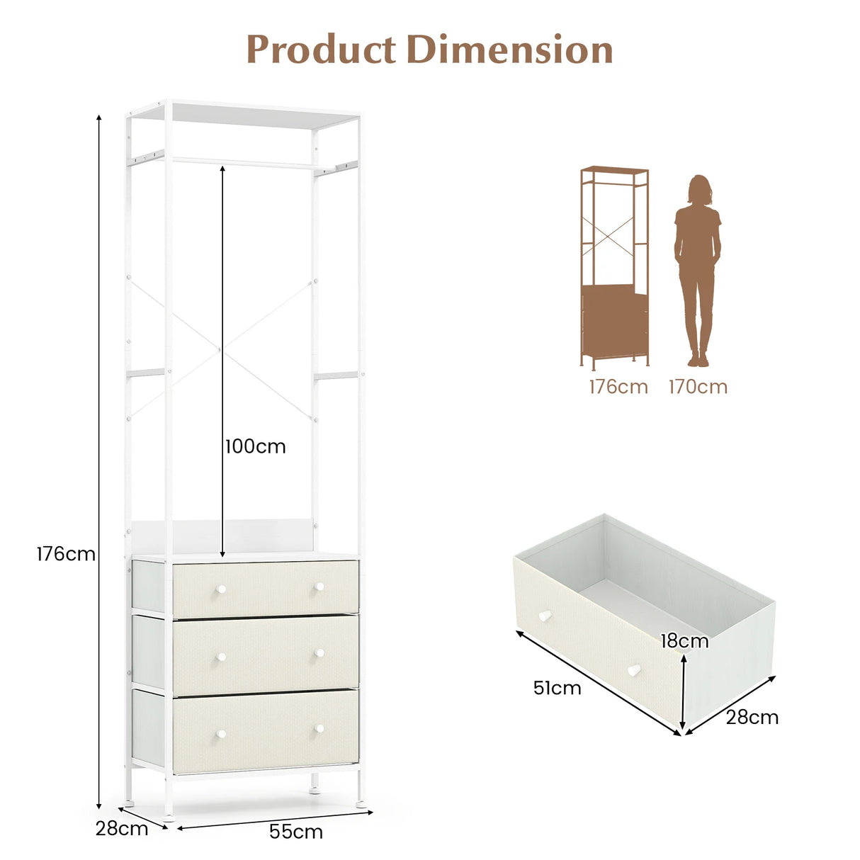 Freestanding Closet Organizer Clothes Rack with Drawers-White