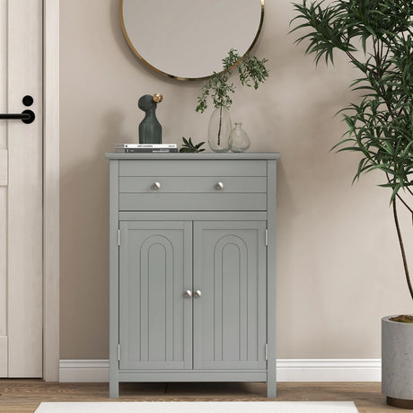 Wooden Bathroom Floor Cabinet with Drawer and Adjustable Shelf-Gray