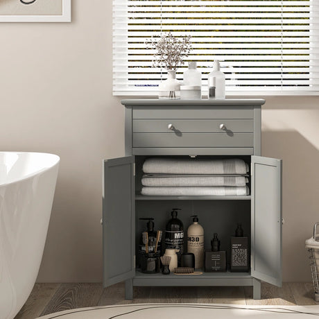Wooden Bathroom Floor Cabinet with Drawer and Adjustable Shelf-Gray