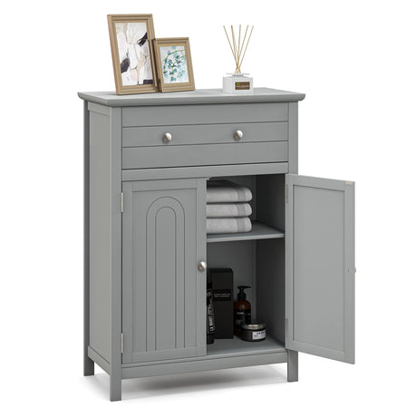 Wooden Bathroom Floor Cabinet with Drawer and Adjustable Shelf-Gray