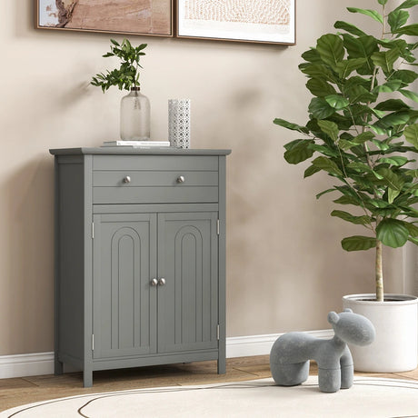 Wooden Bathroom Floor Cabinet with Drawer and Adjustable Shelf-Gray