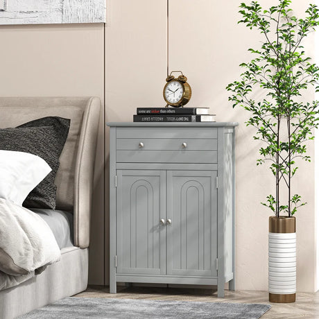 Wooden Bathroom Floor Cabinet with Drawer and Adjustable Shelf-Gray