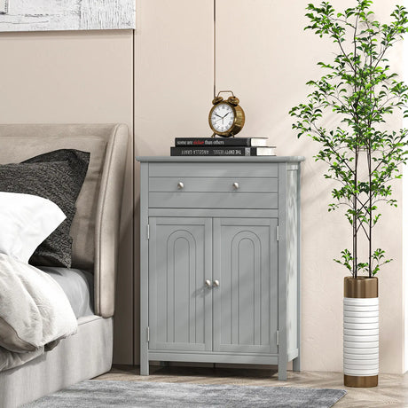 Wooden Bathroom Floor Cabinet with Drawer and Adjustable Shelf-Gray