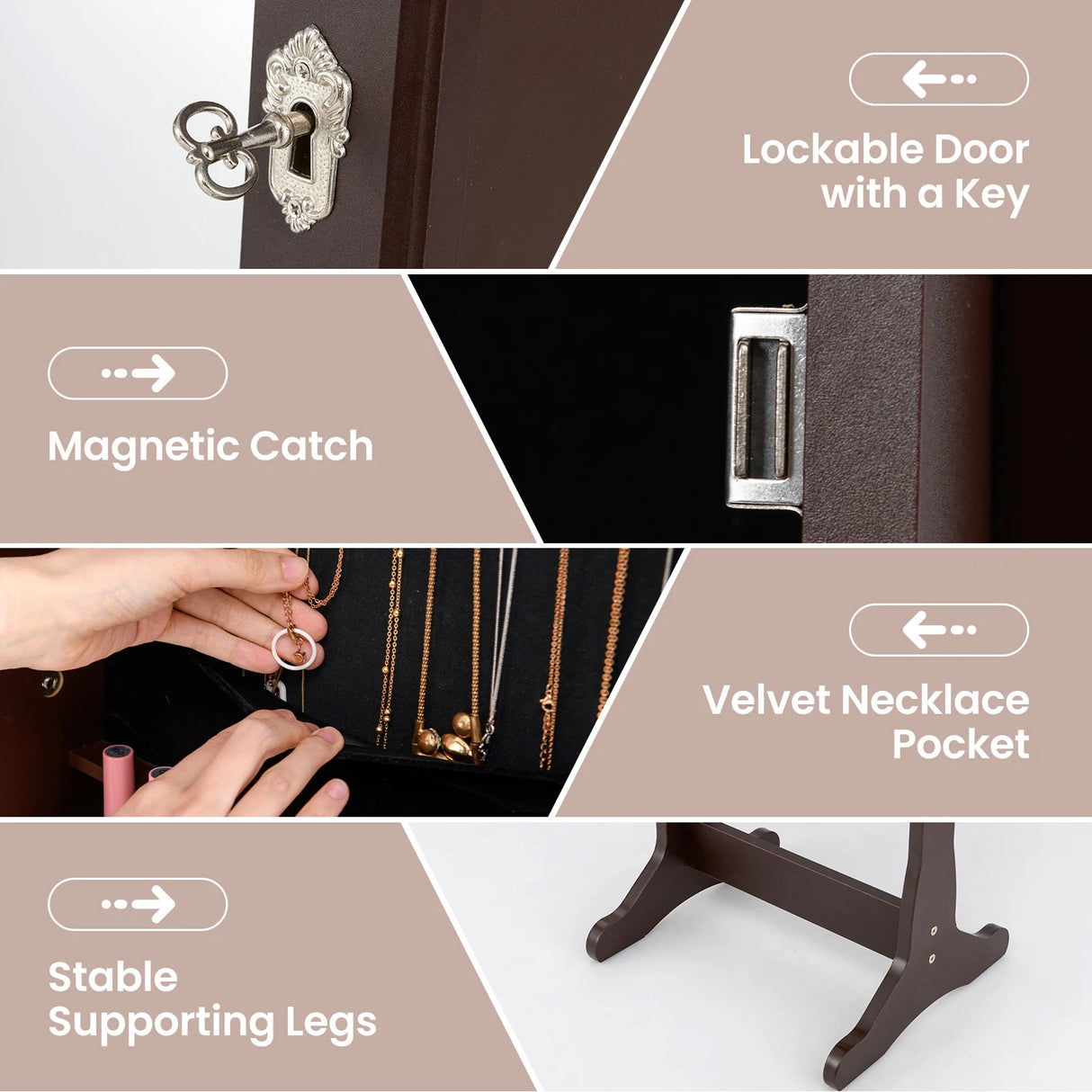 Freestanding Jewelry Armoire Cabinet with Inner LED Lights and 4 Adjustable Tilt Angles-Brown