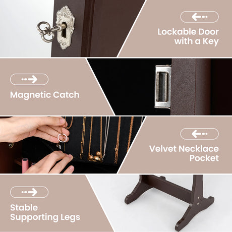 Freestanding Jewelry Armoire Cabinet with Inner LED Lights and 4 Adjustable Tilt Angles-Brown