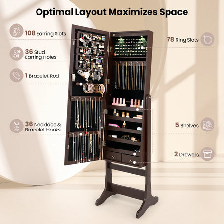 Freestanding Jewelry Armoire Cabinet with Inner LED Lights and 4 Adjustable Tilt Angles-Brown