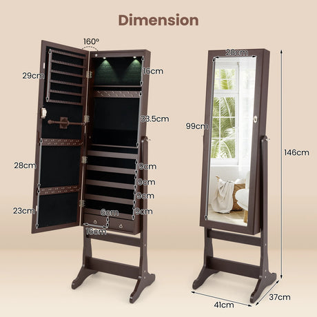 Freestanding Jewelry Armoire Cabinet with Inner LED Lights and 4 Adjustable Tilt Angles-Brown
