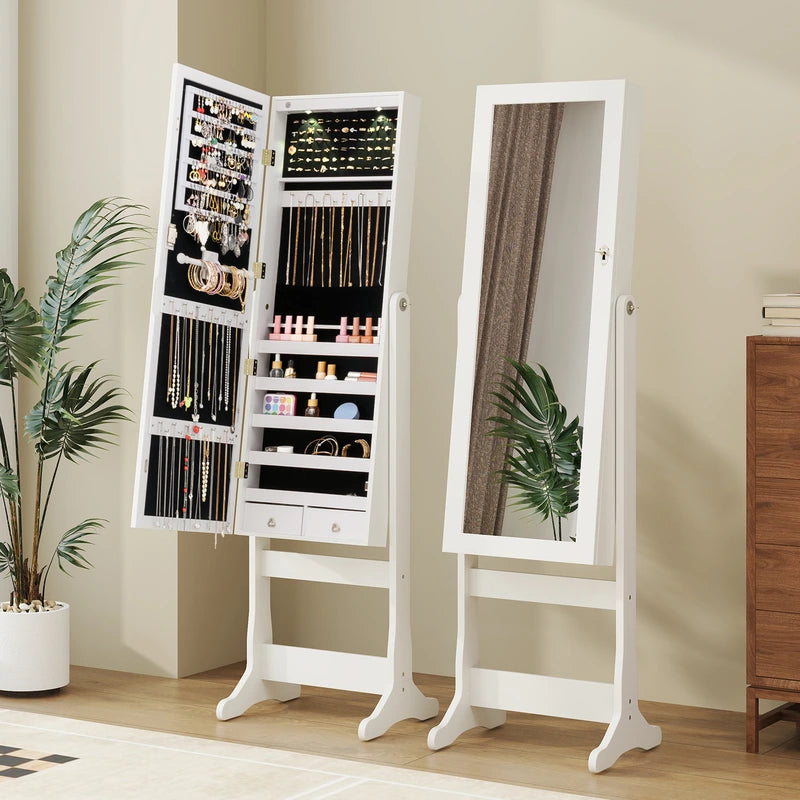 Lockable Freestanding Jewelry Cabinet Armoire with Full-Length Mirror and Lights-White