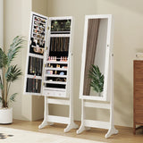 Lockable Freestanding Jewelry Cabinet Armoire with Full-Length Mirror and Lights-White