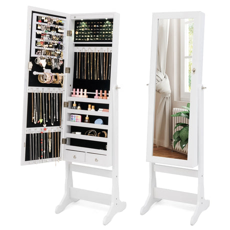 Lockable Freestanding Jewelry Cabinet Armoire with Full-Length Mirror and Lights-White